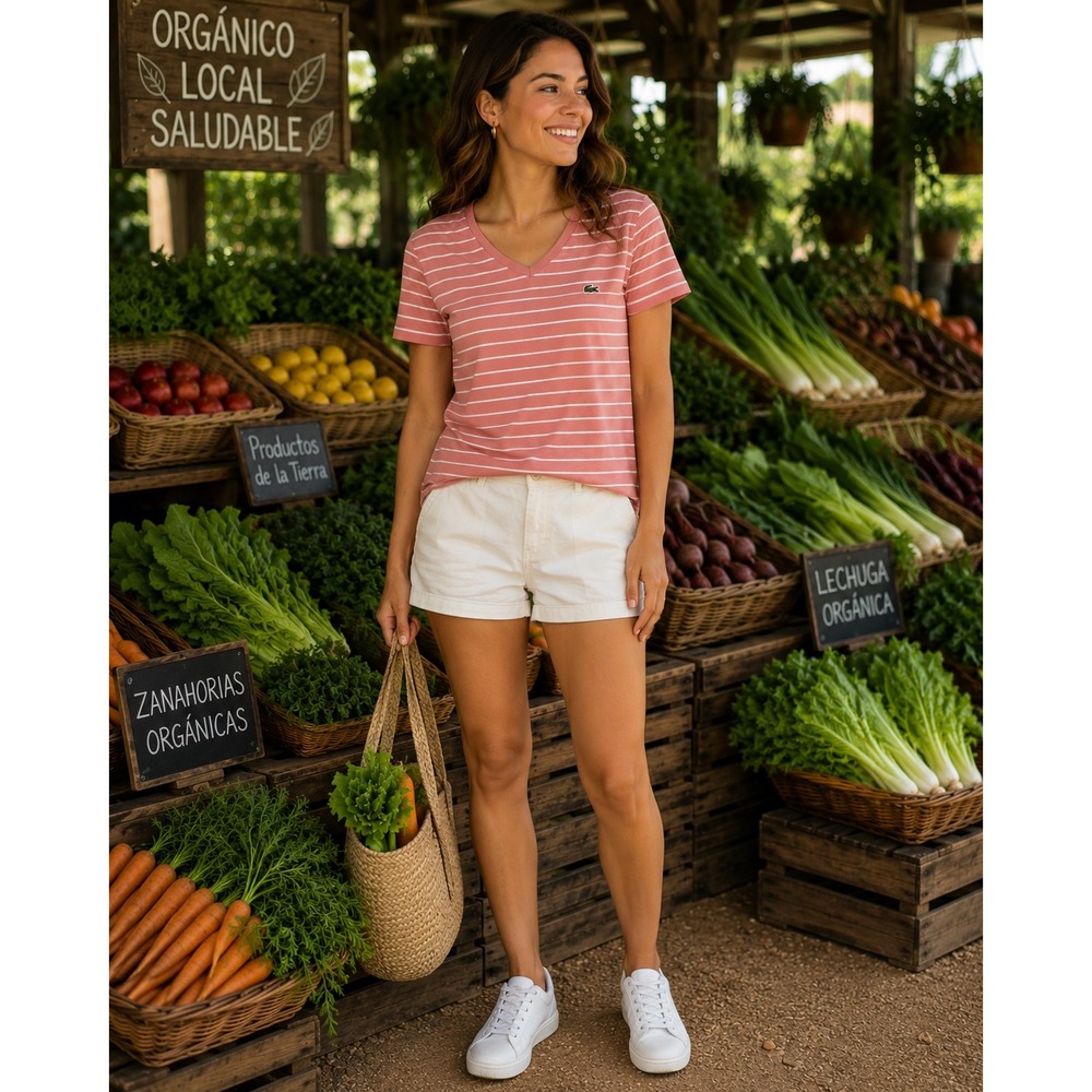Lacoste Pink Striped V-Neck Short Sleeve Tee